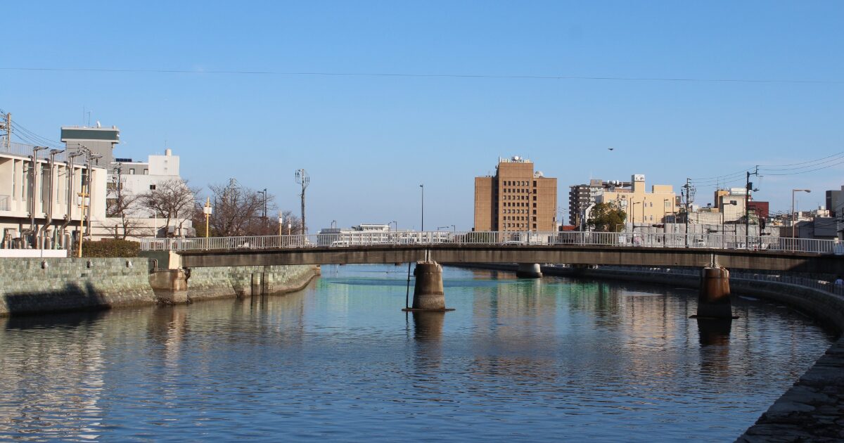 徳島市内の川にかかる橋と都市景観