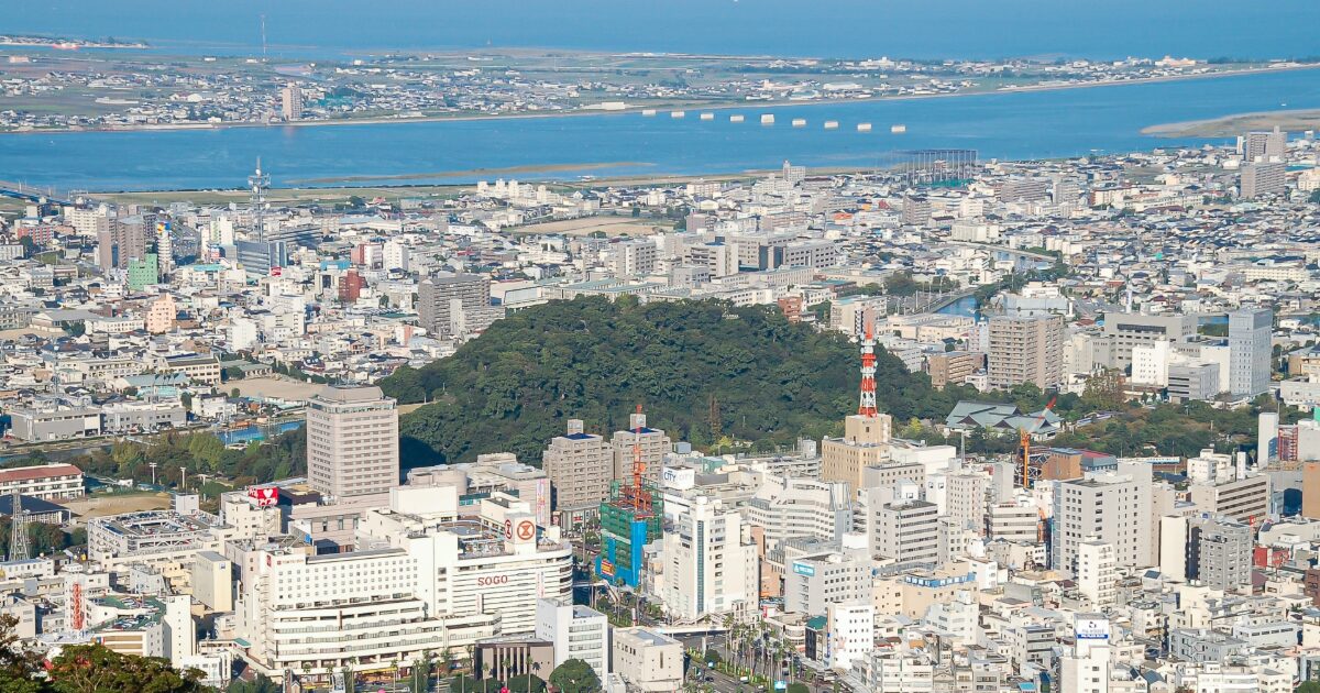 徳島市街地と吉野川を望む上空からの風景