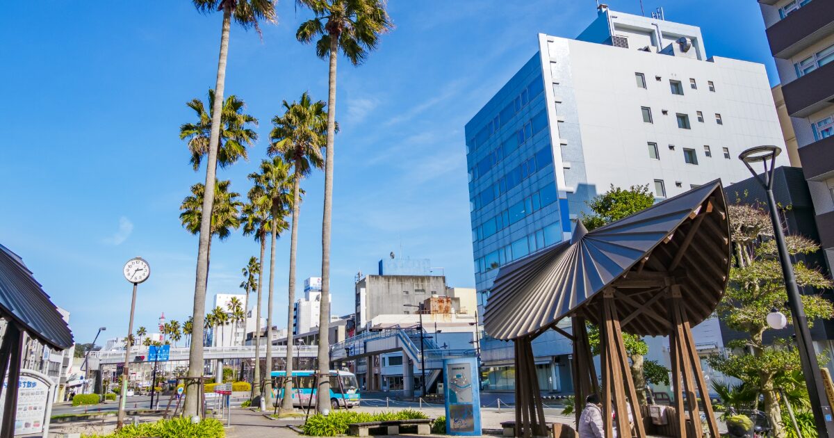 ヤシの木が並ぶ徳島市街地と街並み風景