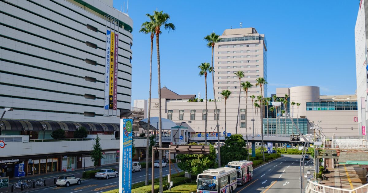 ヤシの木が並ぶ徳島駅周辺の街並みと道路風景